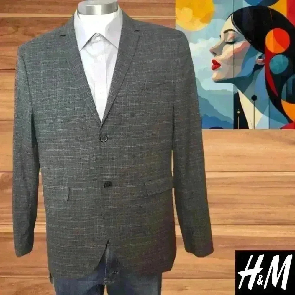 H&M Mens Blazer Sport Coat Two Button Casual Jacket Size Suits Gray 44R